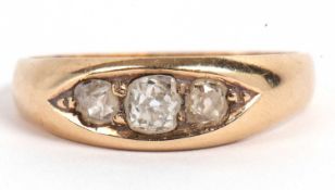 Antique three stone diamond ring, boat shaped featuring three graduated old cut diamonds, 0.25ct