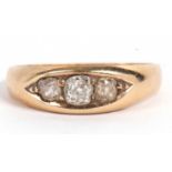 Antique three stone diamond ring, boat shaped featuring three graduated old cut diamonds, 0.25ct