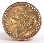 Elizabeth II gold sovereign dated 1963 framed in a 9ct gold ring mount, g/w 13.8gms, size R