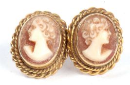 Pair of yellow metal cameo earrings depicting profiles of classical ladies, post fittings, 15x10mm