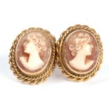 Pair of yellow metal cameo earrings depicting profiles of classical ladies, post fittings, 15x10mm