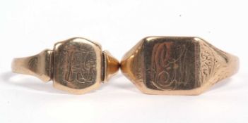 Mixed Lot: Two 9ct gold signet rings both engraved with initials, London 1940 and Birmingham 1937,