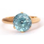 Single blue zircon stone ring, the round faceted zircon, 9mm diameter, raised between upswept