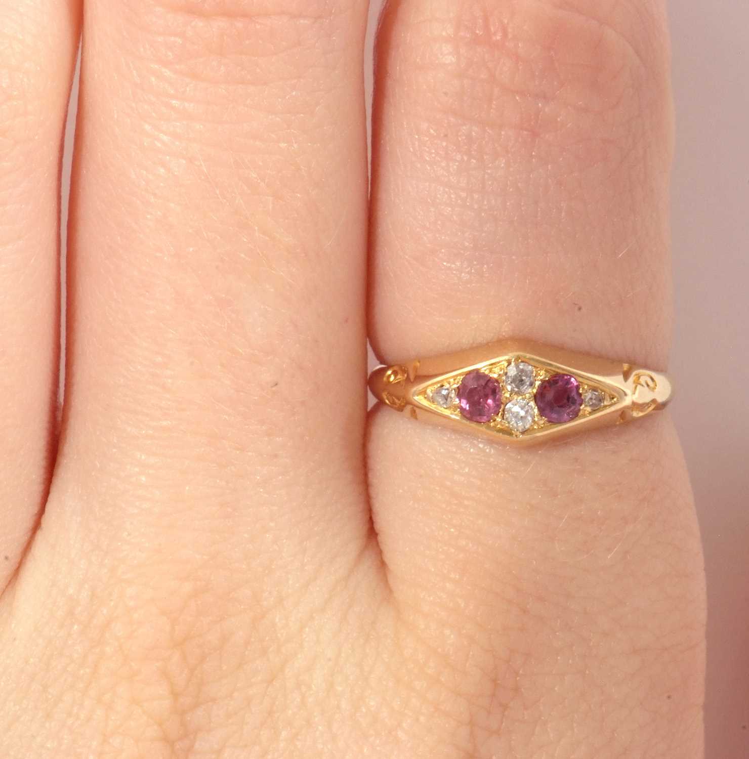 Antique ruby and diamond ring, lozenge shaped, centering two round cut rubies highlighted with - Image 8 of 8