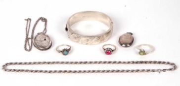 Mixed Lot: Hallmarked silver hinged bracelet, with all over chased and engraved loaf design,
