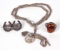 Mixed Lot: Silver double Albert watch chain, a silver double horseshoe brooch, together with an