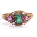 Vintage coloured paste set ring highlighted with four small seed pearls, (stamped with L.H.J 12.