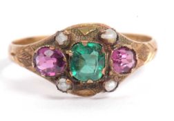 Vintage coloured paste set ring highlighted with four small seed pearls, (stamped with L.H.J 12.