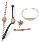 Mixed Lot: Two 9ct gold ladies wrist watches, a 9ct stamped open work pendant set with small
