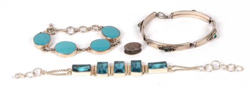 Mixed Lot: A 925 and blue hard stone bracelet, a 925 and blue glass bracelet together with a metal