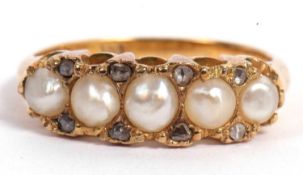 Antique seed pearl and diamond ring featuring five split seed pearls highlighted between with