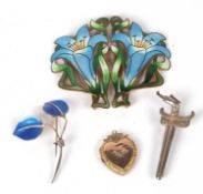 Mixed Lot: Two part gilt metal and enamel floral buckle, a Norweigan 925 enamel brooch, a heart