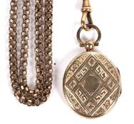 Mixed lot to include an antique gold plated oval locket suspended from a fancy gold plated chain