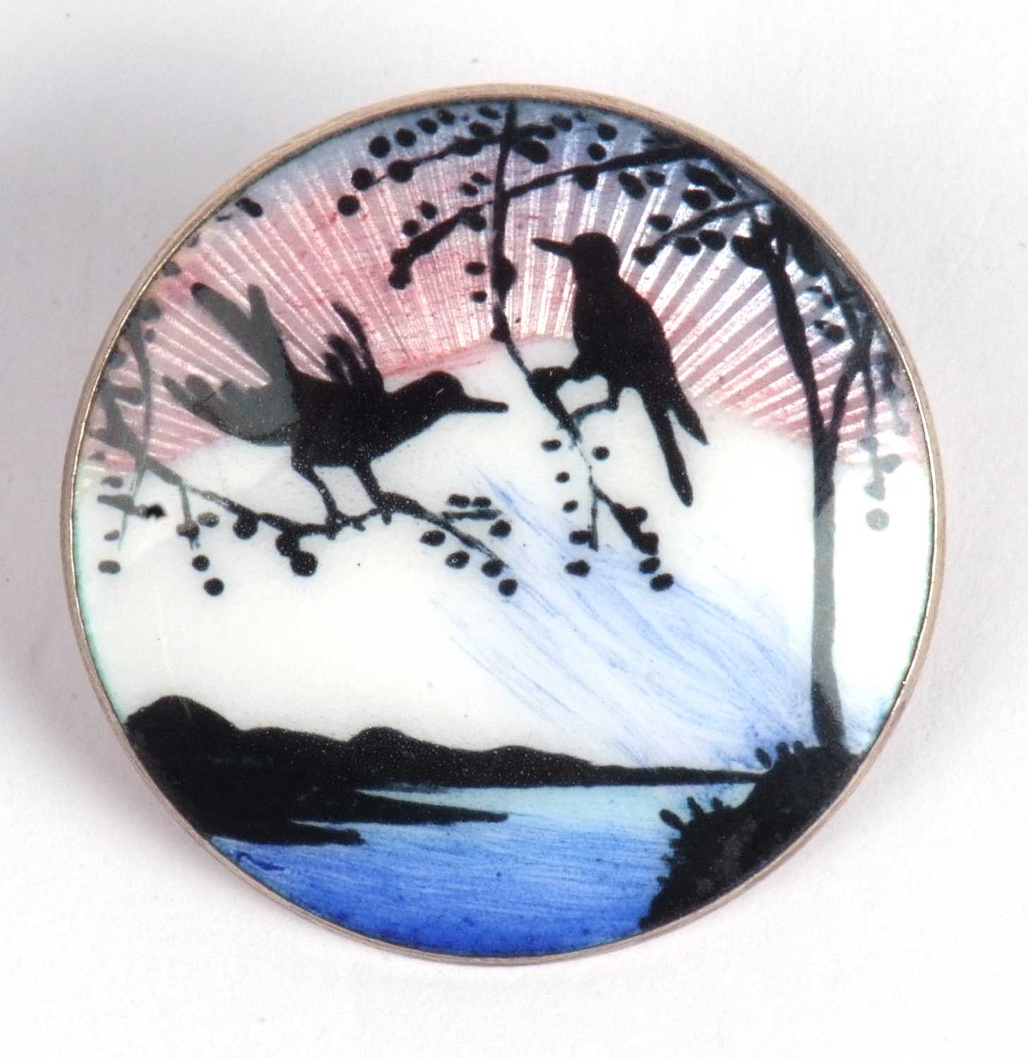 Vintage sterling enamel brooch, the circular panel with a sun setting over water, rocks and birds, - Image 2 of 4