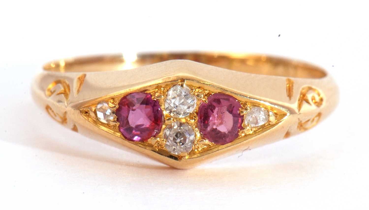 Antique ruby and diamond ring, lozenge shaped, centering two round cut rubies highlighted with - Image 2 of 8