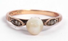Pearl and diamond ring, the small cultured pearl set between rose cut diamond shoulders, stamped