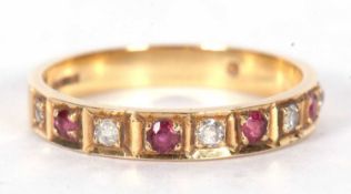 18ct gold diamond and ruby half eternity ring alternate set with five small diamonds and four