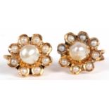 Pair of yellow metal and pearl cluster earrings, a flower head design with small graduated seed