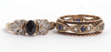 Mixed Lot: Modern dark sapphire and small diamond cluster ring (one diamond missing), stamped 375,