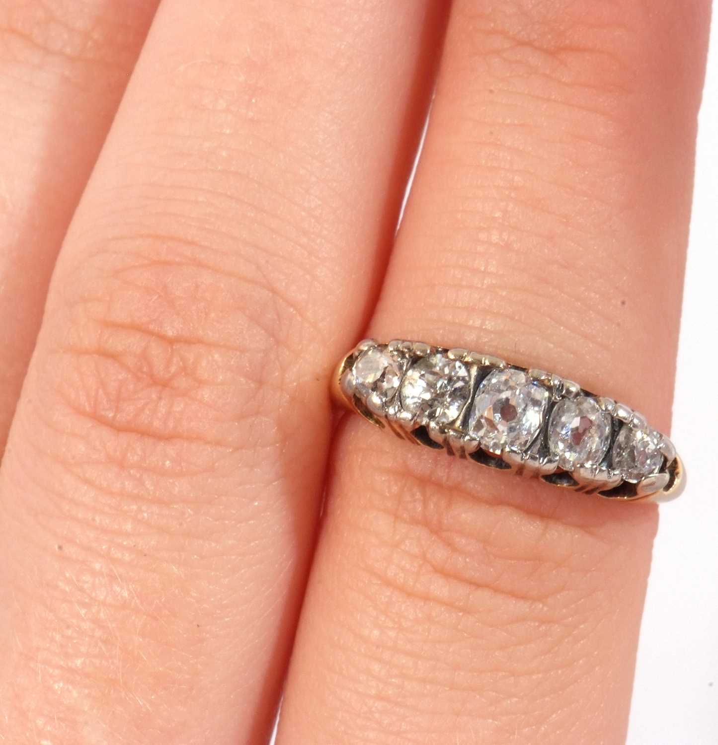Antique 5 stone diamond ring featuring five old cut diamonds individually claw set in a pierced - Image 7 of 7