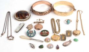 Mixed lot to include two gold plated hinge bracelets, two 9ct gold back and front lockets,