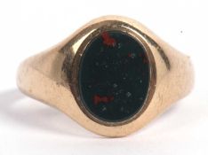 9ct gold blood stone signet ring, 8x6mm, bezel set in a plain polished mount, hallmarked for