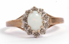 Modern 9ct gold opalescent and diamond cluster ring, size P-Q