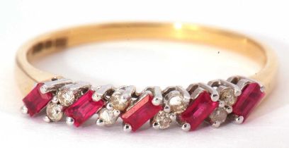 Modern ruby and diamond ring, alternate set with five small rubies and four pairs of small single