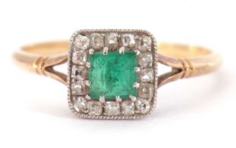 Emerald and diamond ring the square cut emerald, 4x4mm, multi claw set within a surround of small