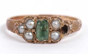 Antique Emerald and seed pearl ring, the stepped emerald framed in a bead and leaf setting and