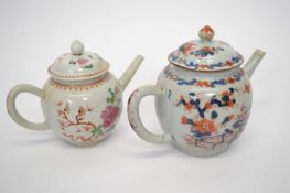 Two 18th Century Chinese porcelain teapots with imari and polychrome designs (a/f)