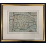 Christopher Saxton, 'Norfolk', hand coloured engraved map,10.5x15ins framed and glazed.