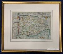 Christopher Saxton, 'Norfolk', hand coloured engraved map,10.5x15ins framed and glazed.