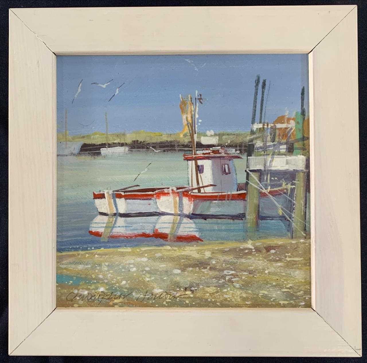 Christopher Hollick (British, contemporary), "Southwold Harbour", oil on board, signed, 6.5x6.