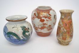 Group of oriental ceramics, Satsuma vase, further Kutani type vase and small bowl (3)