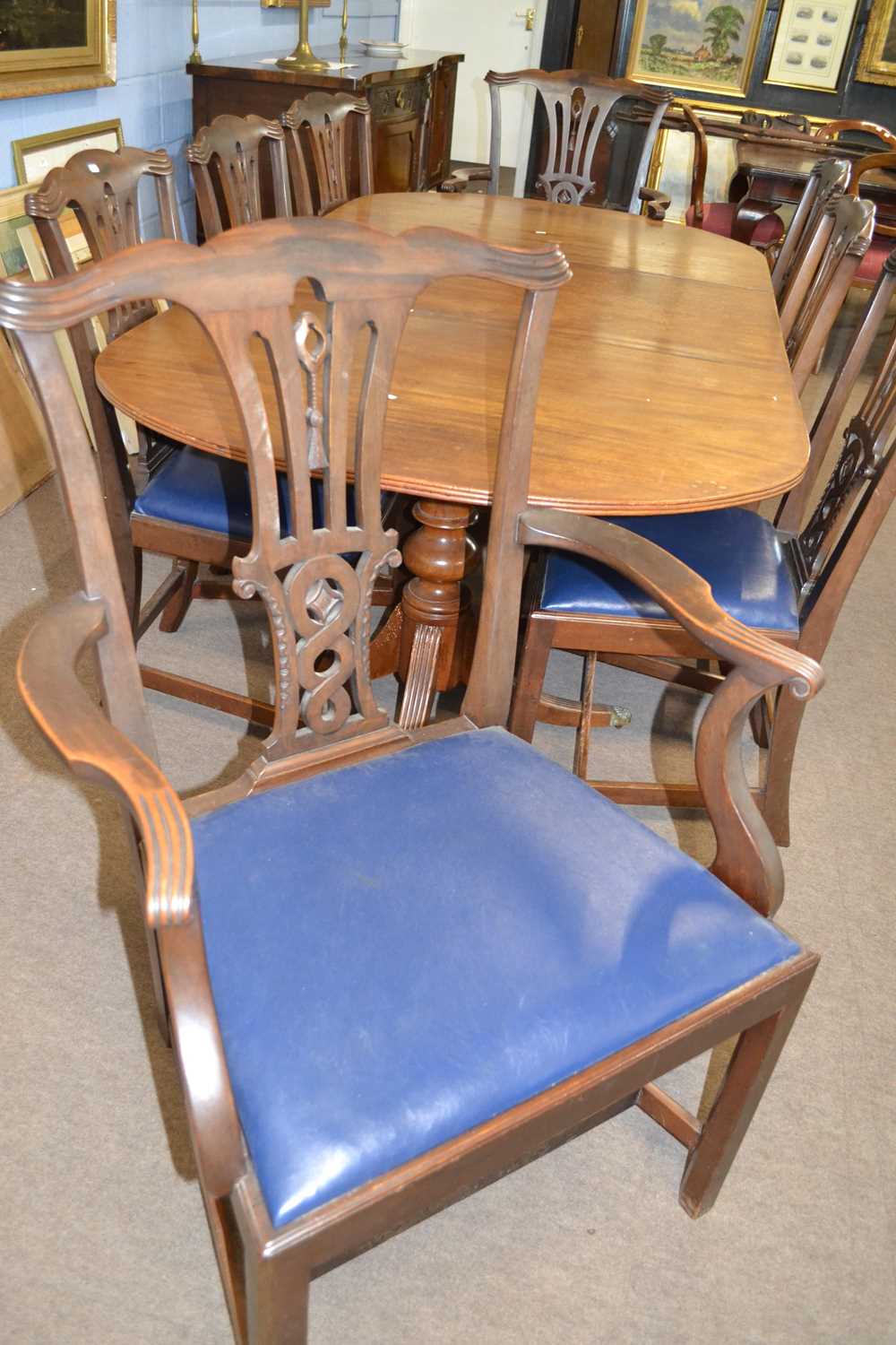 Set of eight early 20th Century mahogany dining chairs with blue drop in seats together with an - Image 3 of 3