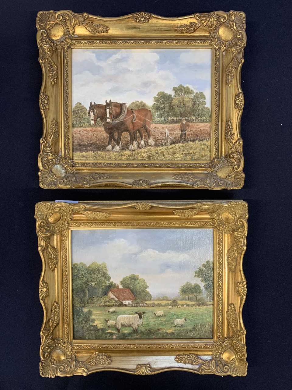 A.M. Wales (British, 20th century) sheep grazing with a distant farm building, plus ploughing with