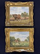 A.M. Wales (British, 20th century) sheep grazing with a distant farm building, plus ploughing with