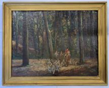 Geoffrey E.Mortimer (British, 20th century), fox hunting party venturing through a woodland, oil