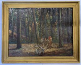 Geoffrey E.Mortimer (British, 20th century), fox hunting party venturing through a woodland, oil