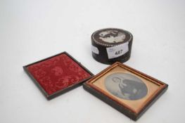 Small laquer box with mother of pearl inlay and Victorian photo in case