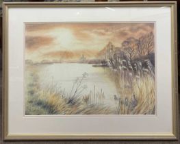Hazel Rush (British, 20th century), 'Quiet Waters Norfolk', watercolour on laid paper, signed,