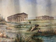 "Temples at Paestum, 60 miles from Naples on the Brindisi Line", watercolour, inscribed "Athos" to