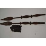 Pair of West African tribal paddle spears with crocodile formed handles, 155 cm long together with a