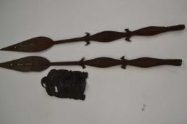 Pair of West African tribal paddle spears with crocodile formed handles, 155 cm long together with a