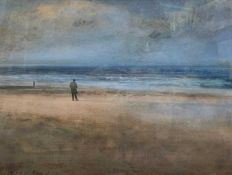 John Bond (British, 20th century), A lone figure on a beach, oil on board, signed, 8.5x11ins, framed