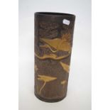 Japanese metal vase cylindrical shape, the dark ground with gilt decoration of wading birds