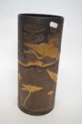 Japanese metal vase cylindrical shape, the dark ground with gilt decoration of wading birds