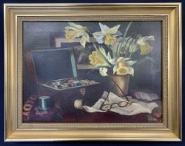 British School (19th century), still life study with daffodils and boxed sewing thread, oil on