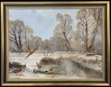 James Allen (British, 20th century) inscribed on verso "Winter Pheasants", oil on board, 17x23ins,